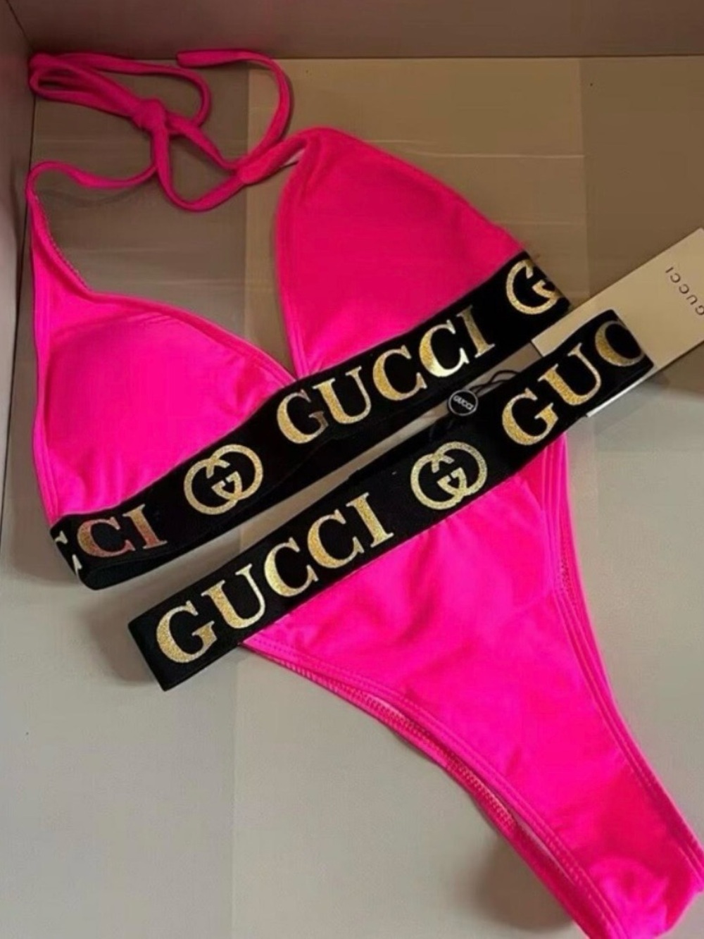 Gucci Hot Pink Bikini with Black & Gold Logo Band